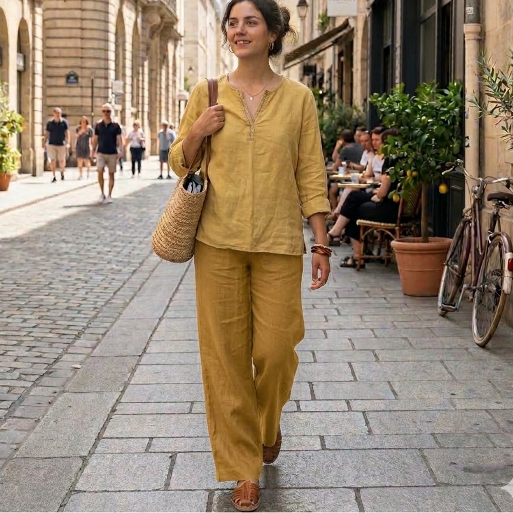 Terzo Millennio Linen Top Yellow High Low Roll Tab Sleeves Shirt Tunic Sz M - Picture 3 of 16